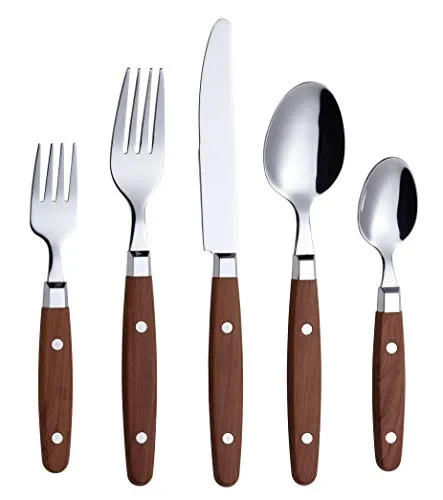ANNOVA Retro/Rivet Buntes Edelstahl-Geschirr Küchenbesteck-Set, enthält Tischmesser, Gabeln, Löffel, Salatgabeln und Dessertlöffel (Holz, 20 Stück)
