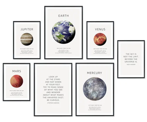 Hyggelig Home Poster Planeten, Premium Poster Set OHNE & MIT Rahmen, 7 Wandbilder Erde Mars, Weltraum (Set, 7 St), Collage Sky Qualitätsdruck dickes Papier knickfrei
