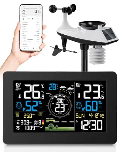 WLAN Wetterstation mit Außensensor, 11-in-1 Profi Funkwetterstation mit Windgeschwindigkeit Windrichtung, Regenmesser, Temperatur, Luftfeuchtigkeit, Luftdruck, Wettervorhersage, UV-Index, Alarm