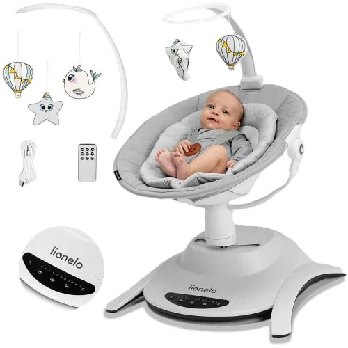 LIONELO Bella Elektrische Babywippe 360° - Babywippe für Babys bis 9 kg mit verstellbarer Rückenlehne, 5 Schaukelgeschwindigkeiten und automatischer Bewegungserkennung für maximalen Komfort und Sicherheit.