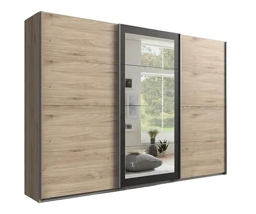 Schwebetürenschrank Kleiderschrank 270 cm mit Spiegel und Zubehör - Modernen Kleiderschrank mit 3 Schiebetüren in Eichefarben und grauer Stahl-Optik. Bietet viel Stauraum mit höhenverstellbaren Einlegeböden und Kleiderstangen für optimale Ordnung im Schlafzimmer.