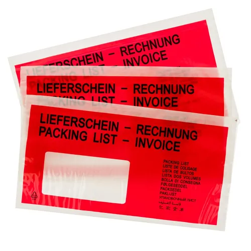 Begleitpapiertaschen Lieferscheintaschen DIN lang - 1000 Stück - Praktische und bedruckte Lieferscheintaschen im DIN lang Format, ideal für die professionelle Dokumentenübermittlung in Unternehmen.