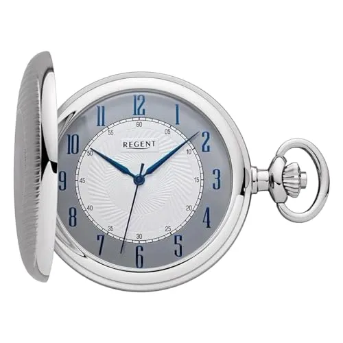 Regent Herren Taschenuhr Savonnette Verchromt 50 MM - Elegante Taschenuhr mit Quarzwerk und Klappdeckel, ideal als Geschenk. Edles Design mit arabischen Zahlen und hochwertigem Metallgehäuse.
