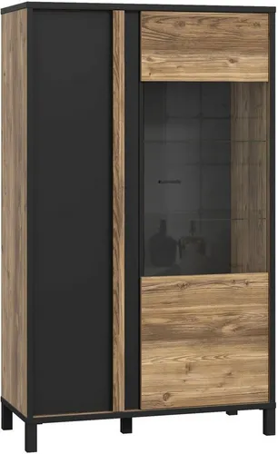 FORTE Highboard 2 Türen, Alpenfichte Dekor & Schwarz - Stylisches Stauraumwunder - Kommode in Alpenfichte Dekor mit 2 Türen, ideal für modernes Wohnen. Bietet großzügigen Stauraum und elegante Optik für jedes Zuhause.
