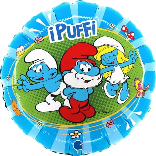Schlümpfe Ballon Grabo für Kinderparty rund Schlumpf großer Schlumpf aus Folie mit Strohhalm zum Aufblasen bunte Luftballons Made in Italy 35 x 35 cm