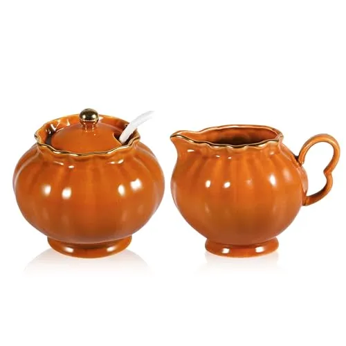 Ursword Keramik-Zuckerdose mit Deckel, Milchkännchen und Löffel, Kaffeeservice 3-teilig, Müsli und Zucker-Set, spülmaschinen- und mikrowellengeeignet, Geschenk, Orange