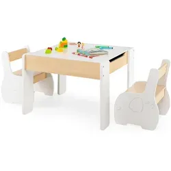 COSTWAY 3tlg. Kindersitzgruppe aus Holz - 4-in-1 Kindertisch mit 2 Stühlen - Gartenmöbel-Set für Kinder, vielseitig als Spiel-, Mal- und Esstisch nutzbar, mit großem Stauraum zur Förderung von Aufräumgewohnheiten.