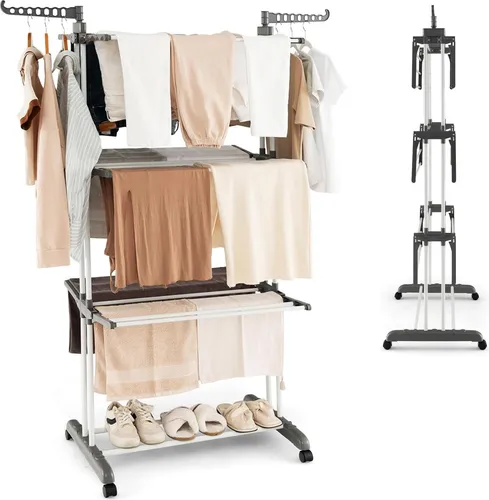 COSTWAY 4-Stufiger Wäscheständer mit Rollen, Wäschetrockner zusammenklappbar mit 2 drehbaren Seitenflügeln, Freisteheneder Standtrockner Wäscheturm Ausziehbar für Innen und Draußen