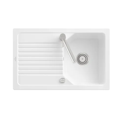 Villeroy & Boch Linara 45 Einbauspüle - Sanitäranlagen & Zubehör, hochwertige Keramikspüle in Weiß Alpin mit Excenterbetätigung für stilvolle Küchen, passend für Unterschrankbreiten ab 45 cm.