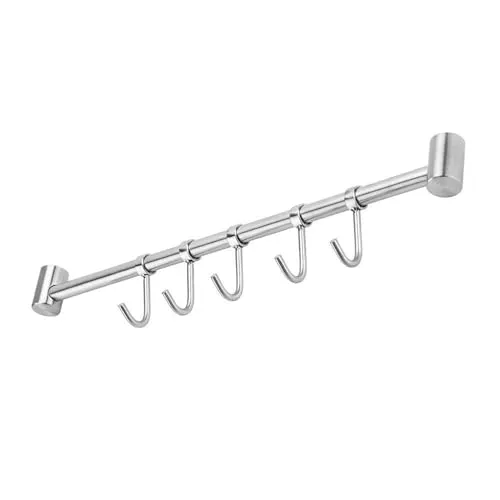 INTIRILIFE Hängeleiste für die Küche aus Edelstahl mit 5 beweglichen Haken zum Bohren - 35.8 x 3.4 x 2.2 cm - Küchen Reling Hakenleiste Halter Küchen Utensilien Stange Tassenhalter Wandhalterung
