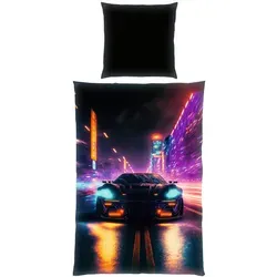 Young Collection Neon Car Bettwäsche 80x80 cm + 135x200 cm - Moderne Bettwäsche mit trendigem Neon-Auto-Motiv, 100% Polyester, pflegeleicht und langlebig – ideal für einen stylischen Akzent im Schlafzimmer.