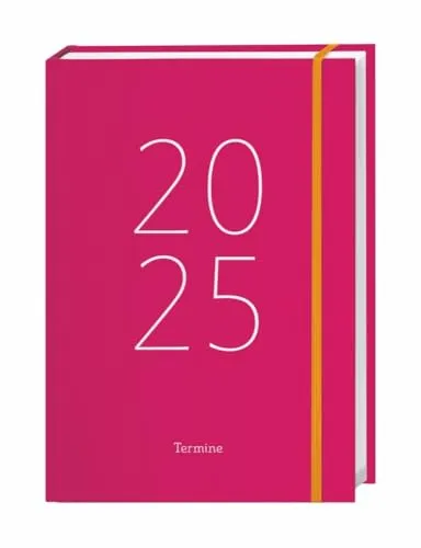 Tages-Kalenderbuch A6, pink 2025 - Praktischer pinker Terminkalender mit Schulferien und Feiertagen, inklusive Lesebändchen und Gummiband für sicheres Planen.