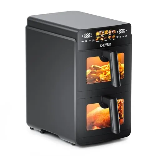 OKYUK Heißluftfritteuse 2 Kammern 10L, Airfryer 2 Fächer je 5l, 10 Programme friteuse, 2 Gerichte gleichzeitig fertig,Heissluftfritteuse Doppelschicht mit Sichtfenster, 3D Umluftsystem