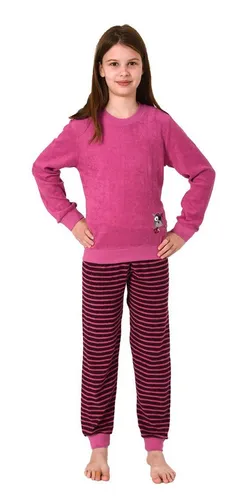 Normann Pyjama Mädchen Frottee Schlafanzug langarm mit Bündchen & Eulen-Applikation