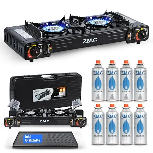 Z.M.C Premium Camping Gaskocher 2-flammig + Grillplatte + 8 Gaskartuschen 227g, Campingkocher mit Transportkoffer für Outdoor und Innenraum, Balkon Tisch Doppelgaskocher mit Piezozündung