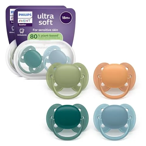 Philips Avent ultra soft Schnuller – kiefergerecht geformtes Design, für Babys ab 18 Monaten, flexibles Saugerschild, extra fester, symmetrischer Silikonsauger, BPA-frei, 4er-Pack, SCF093/08