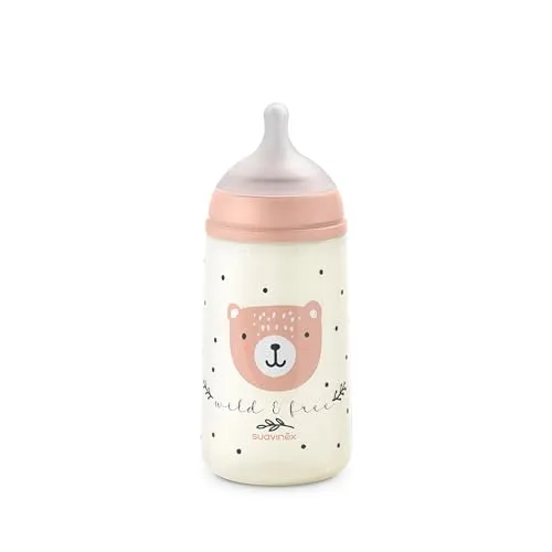 Suavinex, Babyflasche 270 ml mit SX Pro Physiologischem Silikon-Sauger, Antikolik-Flasche mit mittlerem Fluss (M), für Milch, Säfte oder Wasser, Babys ab 3 Monaten, Wild&Free Rosa