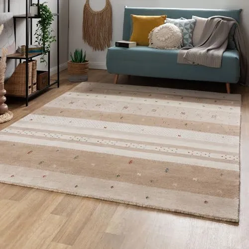Steffensmeier Gabbeh Teppich Shiraz | Wolle, Beige, Größe: 120x180 cm Kurzflor Teppich für Wohnzimmer, Ethno Look