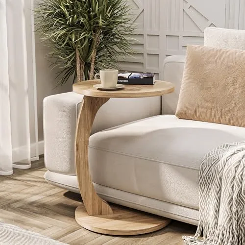 Tubibu C Form Kleiner Beistelltisch, Runder Tisch als Ablagefläche für Couch und Sofa mit Rollen, Rolltisch, Abstelltisch, runde Tischplatte (C-Form, Nussbaum-Optik)