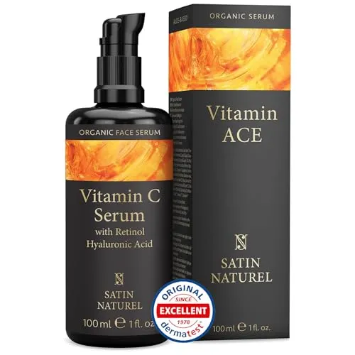 Satin Naturel Vitamin C Serum hochdosiert 100ml - Tagespflege mit Retinol & Hyaluron für strahlenden Glow, bekämpft dunkle Flecken und Falten, 100% vegan und auf Bio Aloe Vera Basis.