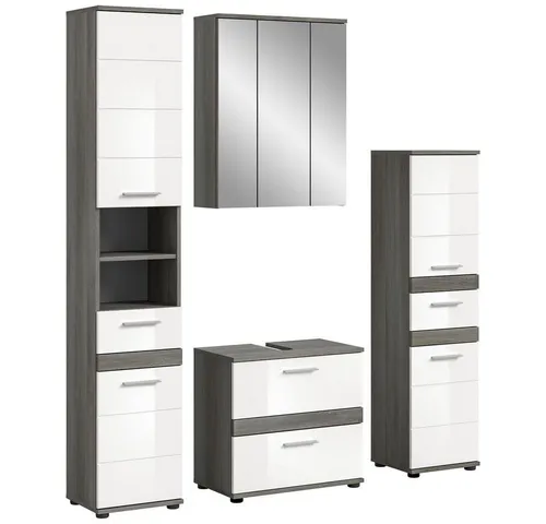 Lomadox Badmöbel-Set BREST-158, (Spar-Set, 4-St., Hochschrank Spiegelschrank Badkommode), Badkombination 4-teilig weiß mit grau