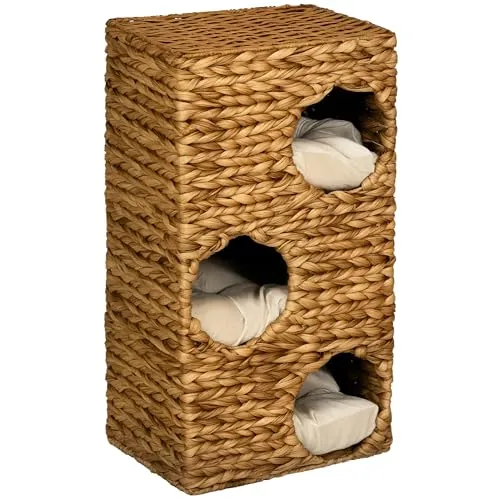PawHut Kratztonne - 76 cm Hoch, 3 gemütliche Höhlen mit waschbaren Kissen, stilvoll aus Wasserhyazinthe, idealer Rückzugsort für Ihre Katze