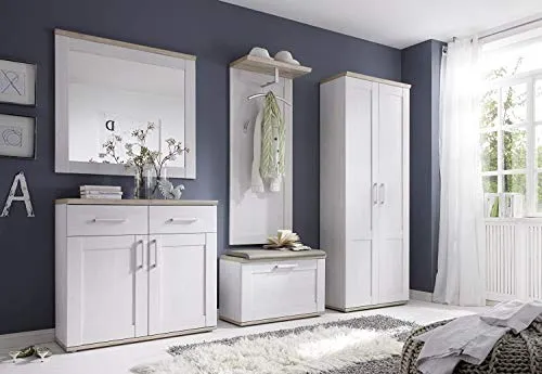 Elegance Flur Garderoben-Set von moebel-dich-auf.de - Garderoben Komplettprogramme im Landhausstil mit 5 Teilen: Schuhkommode, Spiegel, Bank, Paneel und Hochschrank aus hochwertiger Sibiu-Lärche. Ideal für einen stilvollen Eingangsbereich.
