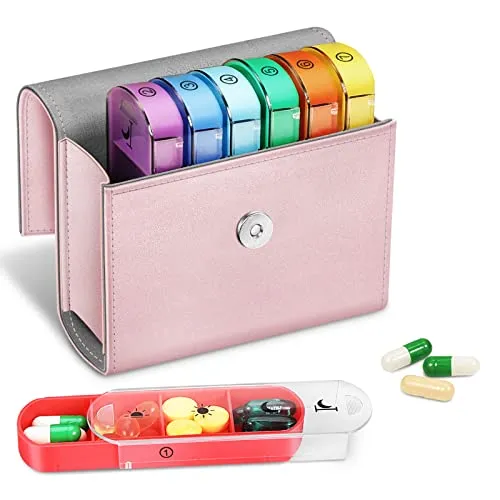 FINPAC Tablettenbox 7 Tage 4 Fächer - Pillendose 4 mal am Tag mit Kunstleder Tasche und Namenskarte Medikamentenbox für Pillen Vitamin Fischöl für Morgens Mittags Abends Nachts, Roségold