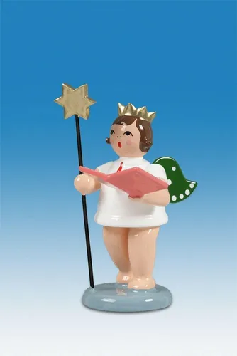 Rudolphs Schatzkiste Holzfigur Engel mit Stern, Buch und Krone - Weihnachtlicher Zierschmuck aus dem Erzgebirge, filigrane Holzverarbeitung, 6 cm groß – ideal für festliche Dekoration oder als Blickfang auf dem Weihnachtstisch.