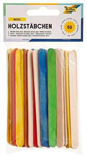 folia 2290 - Holzstäbchen zum Basteln, Eisstäbchen, 114 x 10 x 2 mm, 50 Stück, 25x natur und 25x farbig sortiert, flach mit abgerundeten Enden - für vielfältige Bastelarbeiten