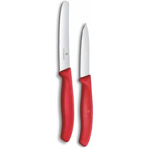 Victorinox Swiss Classic Gemüsemesser Set, 2-teilig, Gerade Klinge und Wellenschliff, Rostfreier Stahl, Swiss Made, Rot