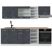 Vicco Küchenzeile R-Line 240 cm, Schwarz Beton/Weiß - Küchenzeilen mit höhenverstellbaren Füßen für ergonomisches Arbeiten. Flexibel anpassbar mit zusätzlicher Modulauswahl, ideal für jedes Zuhause.