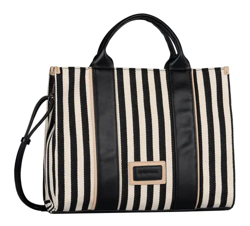 Tom Tailor Malie Shopper Tasche 38cm - Stripes Black - Damentaschen, stilvolle Shopper-Tasche aus robustem Polyester mit praktischem Reißverschluss und modischem Streifen-Design, ideal für den Alltag.
