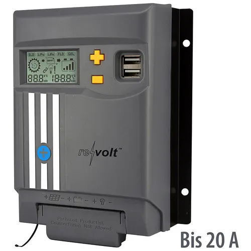 revolt MPPT Solarregler 20 A - MPPT-Solarladeregler für 12/24 V-Batterien mit USB-Port und LCD-Display, optimiert die Effizienz Ihrer Solaranlage für maximale Leistung.