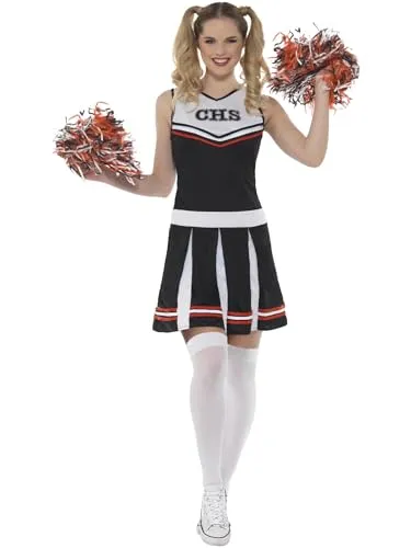Smiffys Cheerleader-Kostüm, Schwarz mit Kleid und Pom Poms - Kostüm-Outfits für Erwachsene, stylisches Cheerleader-Kostüm aus 100% Polyester mit passenden Pom Poms für den perfekten Auftritt.