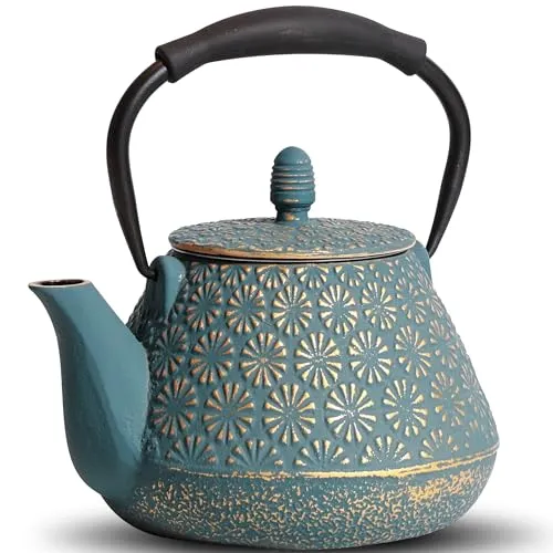 MILVBUSISS Gusseisen-Teekanne, 950ml japanisches Kirschblütenmuster Teekessel, herdtauglich, Infuser für losen Tee & Kaffee, Silikon-Griff, emailliertes Innenleben, 32oz Blau