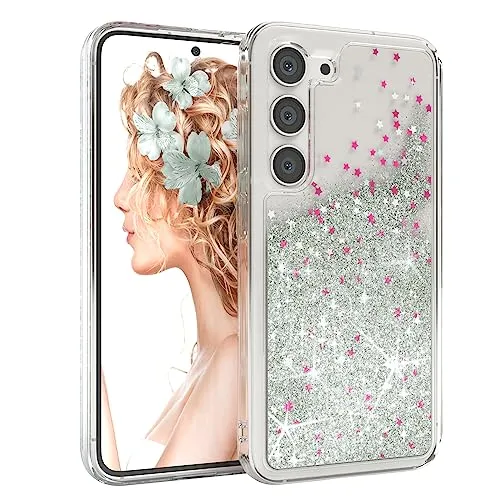 EAZY CASE Hülle kompatibel mit Samsung Galaxy S23 Schutzhülle mit Flüssig-Glitzer, Handyhülle, Schutzhülle, Back Cover mit Glitter Flüssigkeit, TPU/Silikon, Transparent/Durchsichtig, Silber