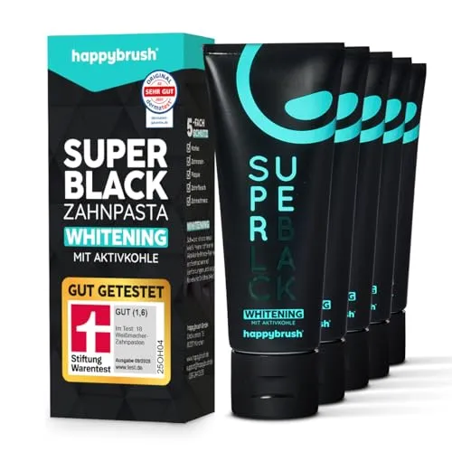 happybrush Vegane Aktivkohle Zahnpasta SuperBlack - 5er Pack für strahlend weiße Zähne - Zahnbleachings: Aktivkohle Zahnpasta mit Minzgeschmack für natürliche Zahnaufhellung und umfassenden Schutz gegen Karies und Plaque. Nachhaltig verpackt, pro Verkauf geht eine Spende an Trinkwasserprojekte.
