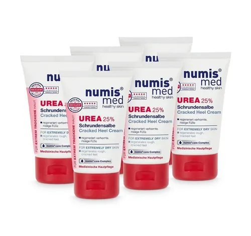 numis med Fußcreme Schrundensalbe 25% Urea - 6x Pflege für rissige Füße - Fußcremes mit 25% Urea für intensive Feuchtigkeit und spürbar weichere Füße. Ideal bei Rissen und verhornter Haut, dermatologisch getestet und vegan.