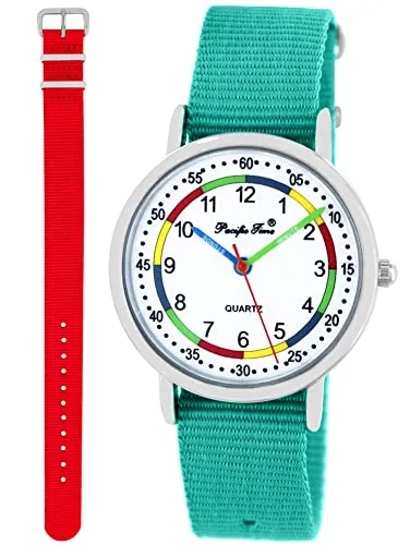 Pacific Time Lernuhr Mädchen Jungen Kinder Armbanduhr 2 Armband türkis + rot analog Quarz 11056