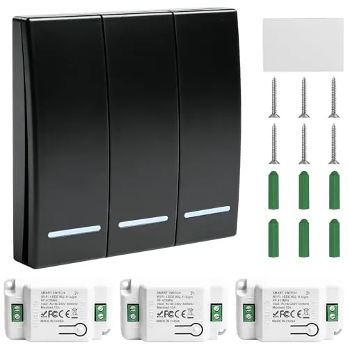 Behogan 3 Stück 230V Lichtschalter Set, wifi+RF 433MHZ Funk Lichtschalter mit Empfänger, Drahtlos Schalter, Reichweite von 30M,Funk-Sender, 1 Schalter und 3 Empfänger