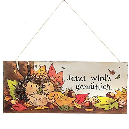 Metallschild Igel im Laub | Jetzt wirds gemütlich | Schild Tafel | Türschild Herbst