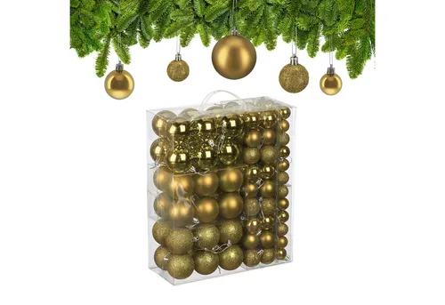 relaxdays Weihnachtsbaumkugel 138er Set, gold - Weihnachtskugeln im 138er Set für festliche Dekoration, mit matter, glänzender und glitzernder Oberfläche. Langlebiger, bruchsicherer Kunststoff und praktische Aufbewahrungsbox inklusive.