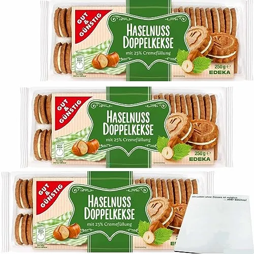 Gut&Günstig Haselnuss Doppelkekse Haselnuss-Gebäck mit Cremefüllung 3er Pack (3x250g Packung) + usy Block