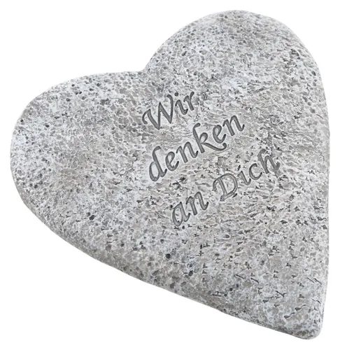 Grabherz grau mit Spruch Wir Denken an Dich –wetterfeste Grabdeko aus Polyresin 19 cm –Herz Deko