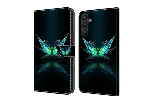 CLM-Tech Handytasche für Samsung Galaxy A26 5G Hülle aus PU-Leder Klapphülle (schwarz türkiser Schmetterling, Handyhülle mit Standfunktion - Wallet Flip Case inklusive Kartenfächer), Cover mit Magnetverschluss Schutzhülle