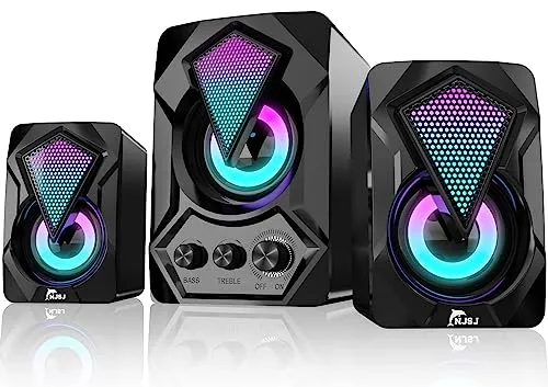 NJSJ 2.1 Lautsprecher-System mit Subwoofer,11 Watt USB-betriebenes Stereo Multimedia Soundsystem mit RGB Gaming LED Licht,3,5 mm Eingang, bis zu verbesserter Bass für PC/Tablet