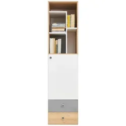 Regal Eiche Weiß mit 2 Schubladen – 45x190x40 cm - Stylisches Regal aus Holzwerkstoff für Ihr Wohnzimmer. Mit 2 praktischen Schubladen bietet es viel Stauraum und begeistert durch modernes Design.