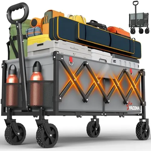 Bollerwagen Faltbar mit 4 verstärkten Rollen, Faltbarer Klappbarer Handwagen mit Griff, Bollerwagen Geländegängig für Lebensmittelgeschäft, Camping, Einkaufen, Strand, Garten, Schwarz (Grey, 180L)