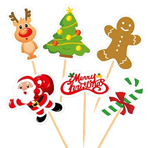 FEPITO 60 Stücke Weihnachten Cupcake Toppers Picks - Frohe Weihnachten Zahnstocher Fahnen für Kuchen Dekorationen, Feier und Urlaub